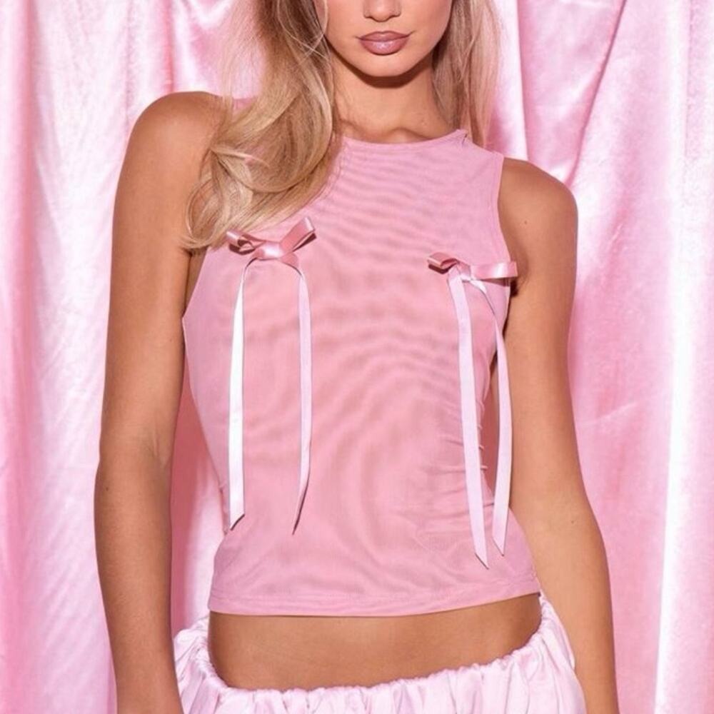 Pink Sheer Mesh Tank Top Coquette Ribbon Bow Balletcore Sleeveless Medium